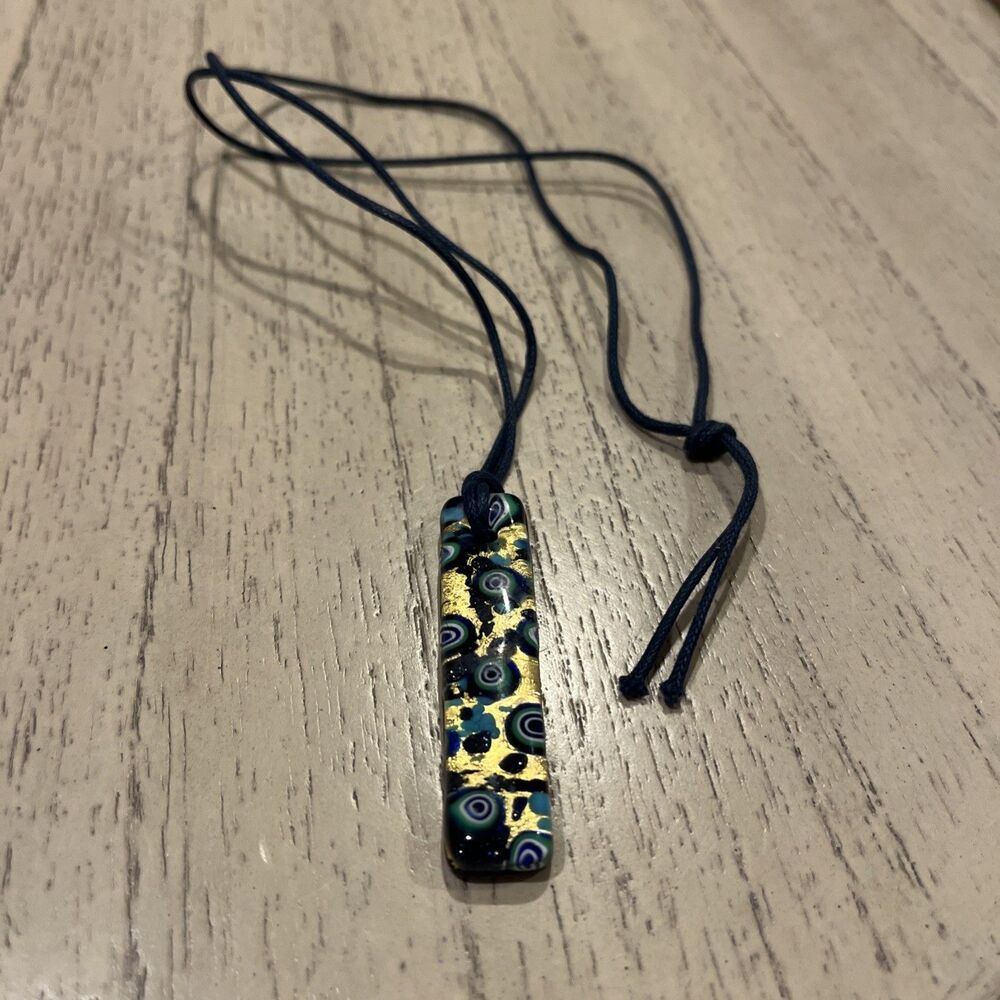 Artisan Murano Style Millefiori Glass Pendant Necklace Black Cord